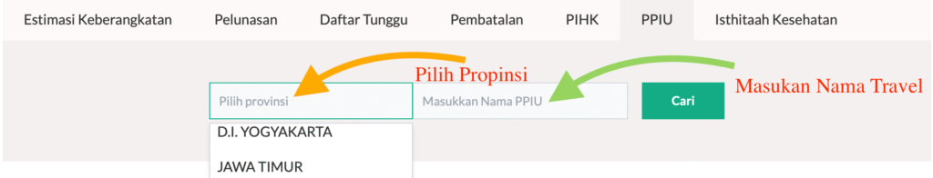Panduan Cara Cek Izin Travel Umroh dan Haji Resmi Isian nama propinsi dan nama travel