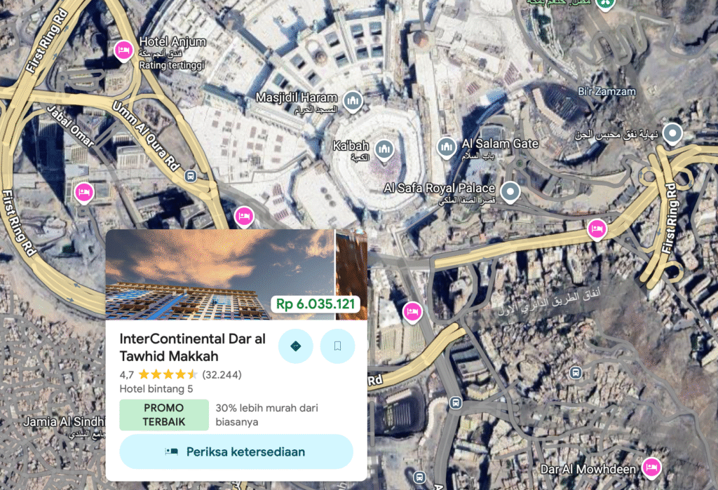 🕋 Mengapa Harga Travel Umroh Bisa Berbeda-Beda? 5 Faktor Penentu Tangkapan layar Google Maps Hotel di Kawasan Masjidil Haram
